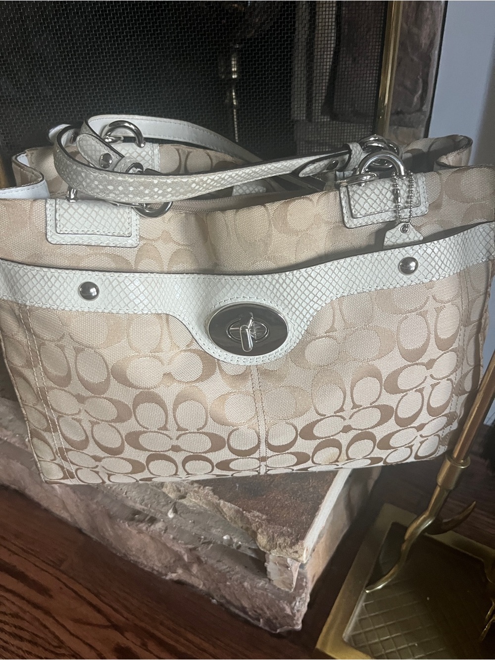 Coach Penelope Beige Signature Canvas Tote with White Trim and Silver Hardware